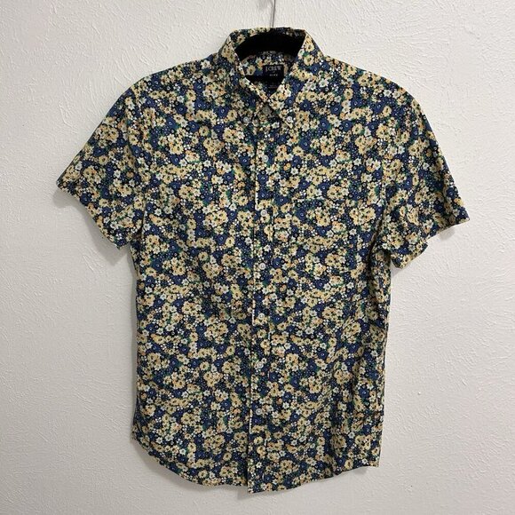 J. Crew Flex Washed Blue Yellow Floral Print Shirt Button Up Short Sleeves Sz S - Picture 2 of 9